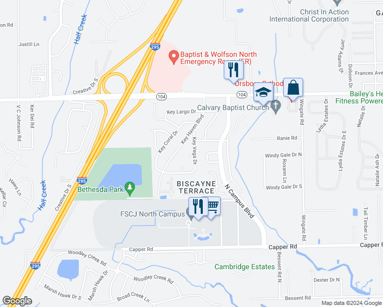 map of restaurants, bars, coffee shops, grocery stores, and more near 4235 Key Vega Court in Jacksonville