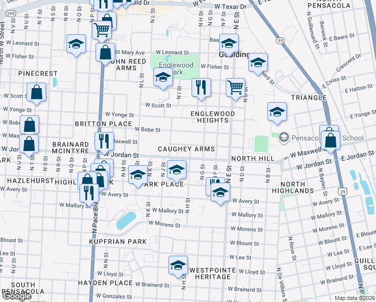 map of restaurants, bars, coffee shops, grocery stores, and more near 1126 West Maxwell Street in Pensacola