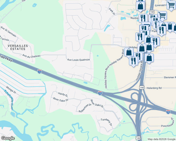 map of restaurants, bars, coffee shops, grocery stores, and more near 640 Avenue De Bellevue in Covington