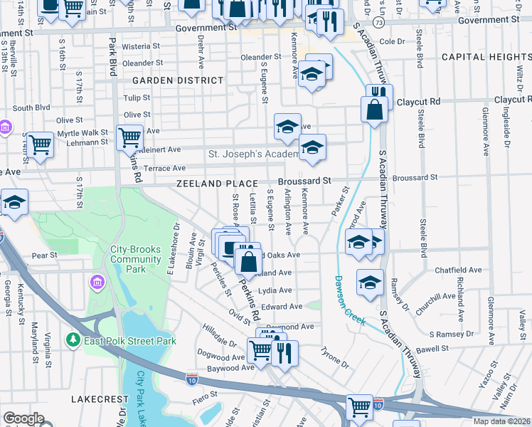 map of restaurants, bars, coffee shops, grocery stores, and more near 1477 South Eugene Street in Baton Rouge
