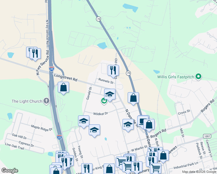 map of restaurants, bars, coffee shops, grocery stores, and more near 107 Runnels Street in Willis