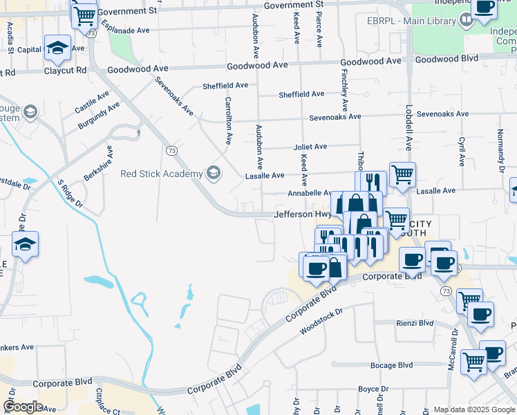 map of restaurants, bars, coffee shops, grocery stores, and more near 6777 Jefferson Highway in Baton Rouge