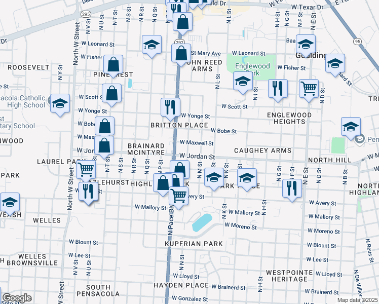 map of restaurants, bars, coffee shops, grocery stores, and more near 1900 West Maxwell Street in Pensacola
