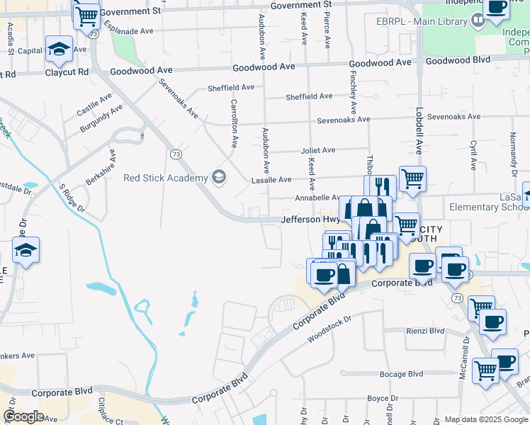 map of restaurants, bars, coffee shops, grocery stores, and more near 6777 Jefferson Highway in Baton Rouge