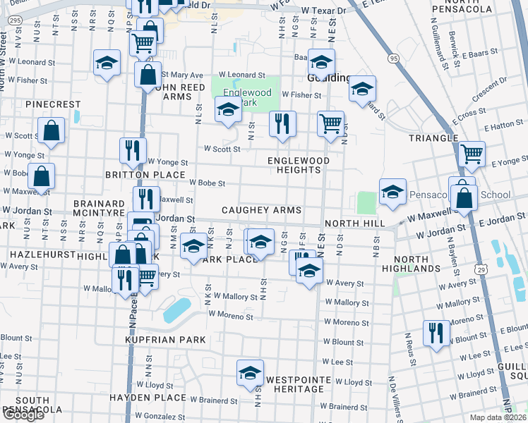map of restaurants, bars, coffee shops, grocery stores, and more near 1126 West Maxwell Street in Pensacola