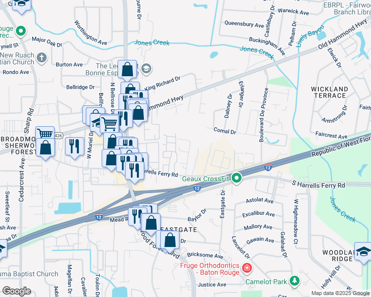 map of restaurants, bars, coffee shops, grocery stores, and more near 11612 West Sherwood Meadow Avenue in Baton Rouge