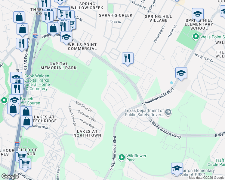 map of restaurants, bars, coffee shops, grocery stores, and more near 912 Solitude Drive in Pflugerville