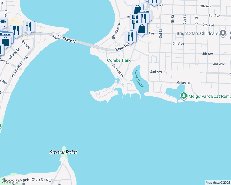 map of restaurants, bars, coffee shops, grocery stores, and more near 101 Starboard Drive in Shalimar