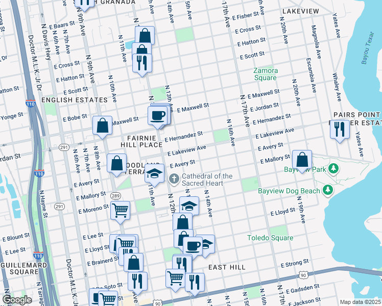 map of restaurants, bars, coffee shops, grocery stores, and more near 1315 East Lakeview Avenue in Pensacola