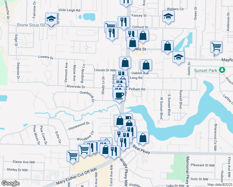 map of restaurants, bars, coffee shops, grocery stores, and more near 112 Bayou View Drive in Fort Walton Beach