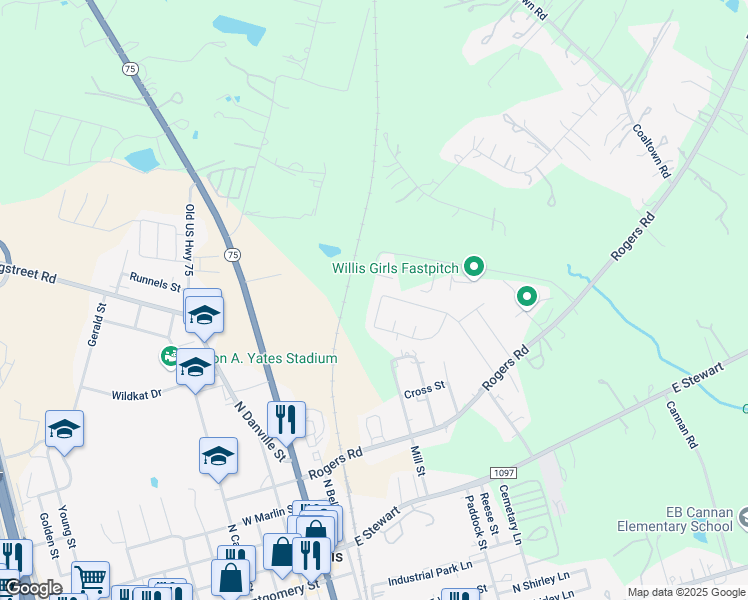 map of restaurants, bars, coffee shops, grocery stores, and more near 114 Little Bill Lane in Willis
