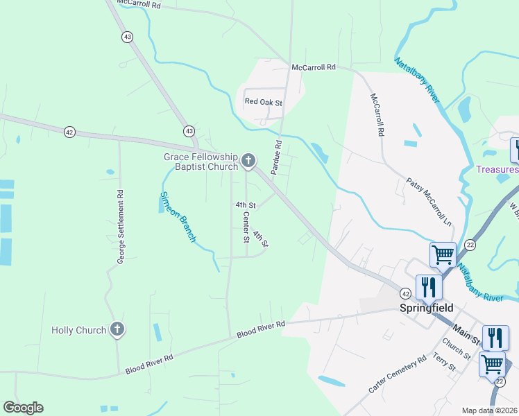 map of restaurants, bars, coffee shops, grocery stores, and more near 25166 Center Street in Springfield