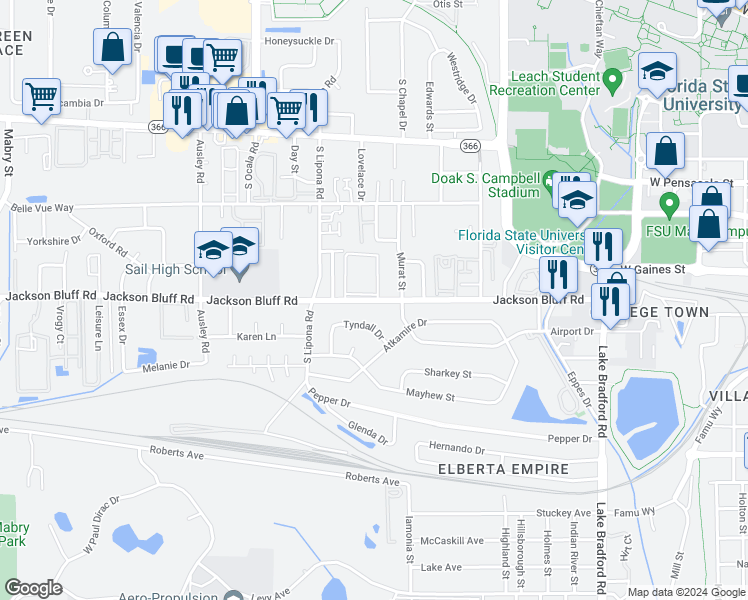 map of restaurants, bars, coffee shops, grocery stores, and more near 1832 Jackson Bluff Road in Tallahassee