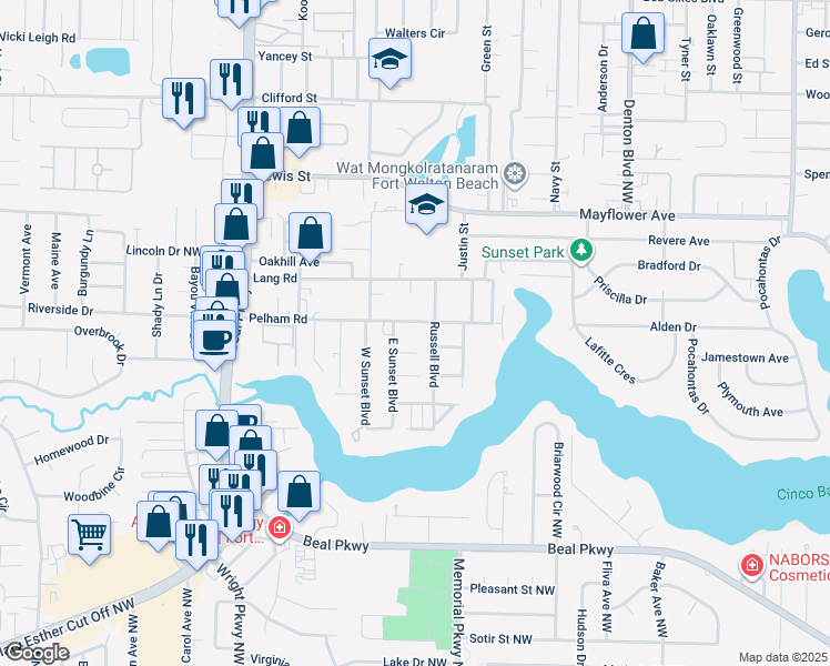 map of restaurants, bars, coffee shops, grocery stores, and more near 317 Pelham Road in Fort Walton Beach