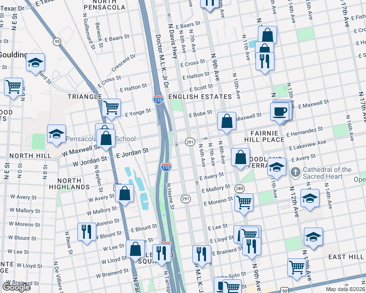 map of restaurants, bars, coffee shops, grocery stores, and more near 400 East Jordan Street in Pensacola