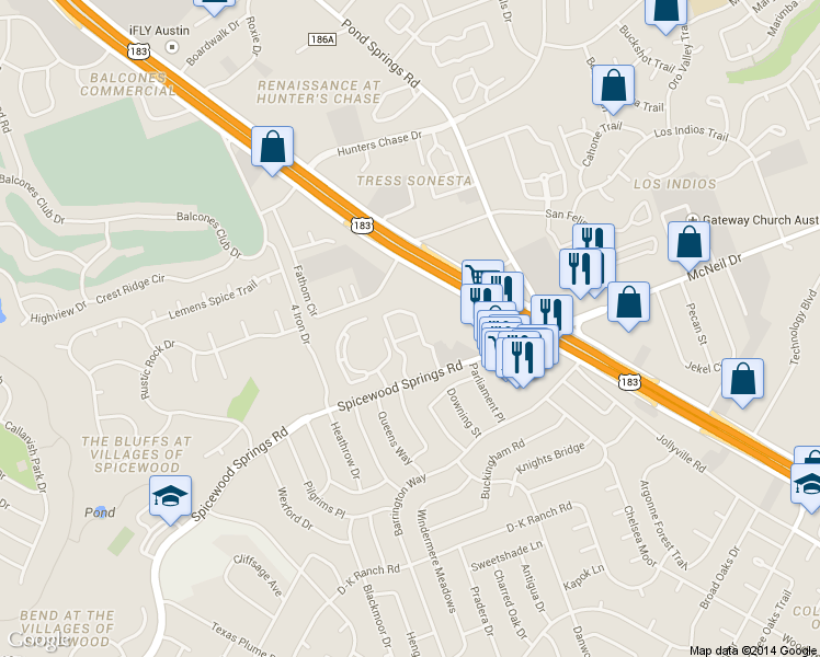 map of restaurants, bars, coffee shops, grocery stores, and more near 8617 Spicewood Springs Road in Austin