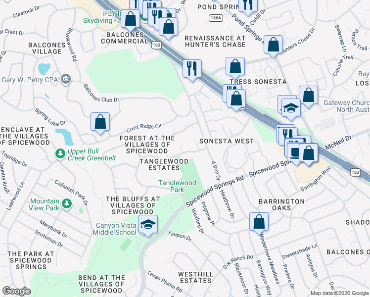 map of restaurants, bars, coffee shops, grocery stores, and more near 11608 Castle Rock Court in Austin