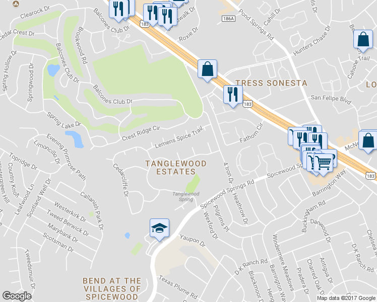 map of restaurants, bars, coffee shops, grocery stores, and more near 11604 Castle Rock Court in Austin