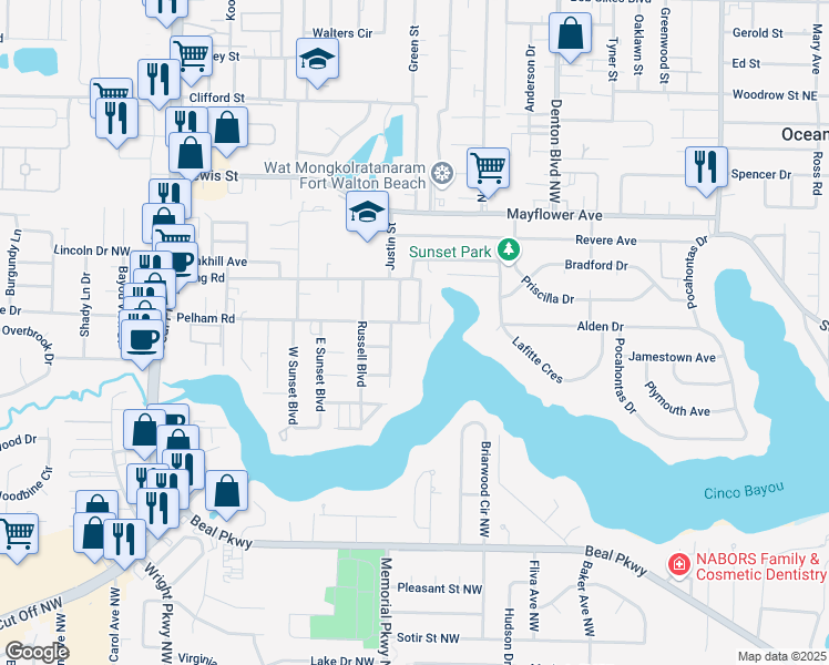 map of restaurants, bars, coffee shops, grocery stores, and more near 501 Dona Avenue in Fort Walton Beach