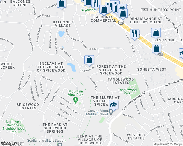 map of restaurants, bars, coffee shops, grocery stores, and more near 11508 Cedarcliffe Drive in Austin