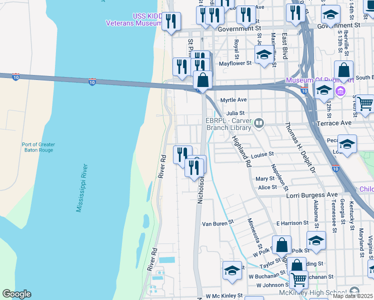 map of restaurants, bars, coffee shops, grocery stores, and more near 101 River House Place in Baton Rouge
