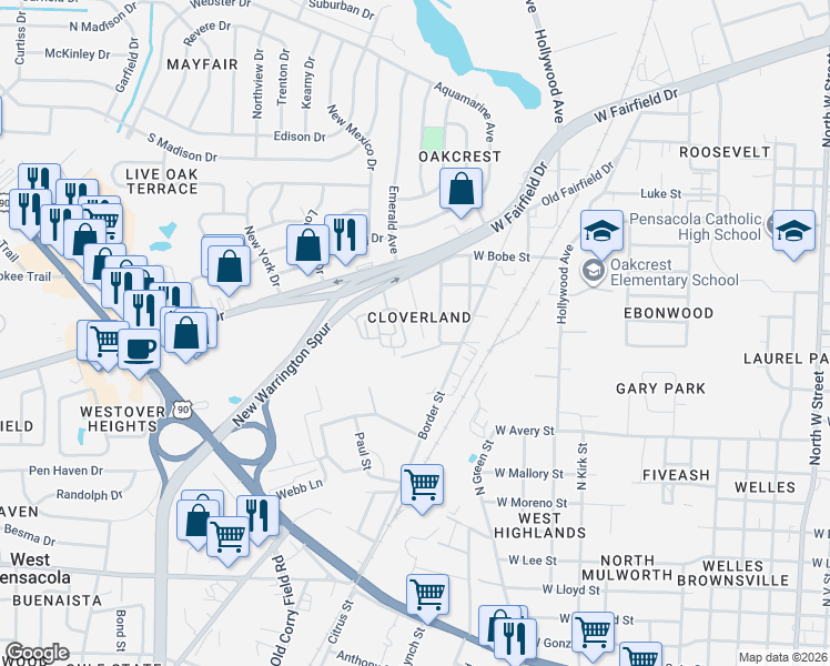 map of restaurants, bars, coffee shops, grocery stores, and more near 21 Cloverland Court in Pensacola