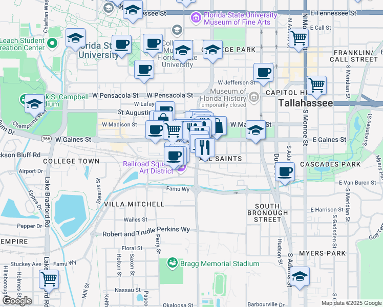 map of restaurants, bars, coffee shops, grocery stores, and more near 824 Railroad Avenue in Tallahassee