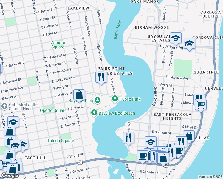 map of restaurants, bars, coffee shops, grocery stores, and more near 1718 Whaley Avenue in Pensacola
