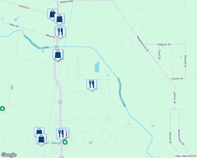 map of restaurants, bars, coffee shops, grocery stores, and more near 22257 Marshall Road in Mandeville
