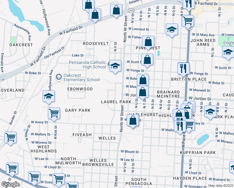 map of restaurants, bars, coffee shops, grocery stores, and more near 32 Archer Avenue in Pensacola