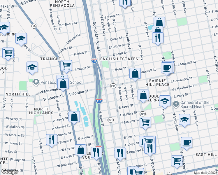 map of restaurants, bars, coffee shops, grocery stores, and more near 415 East Jordan Street in Pensacola