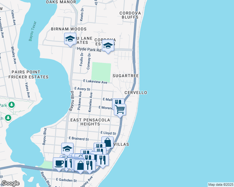 map of restaurants, bars, coffee shops, grocery stores, and more near 3301 East Avery Street in Pensacola