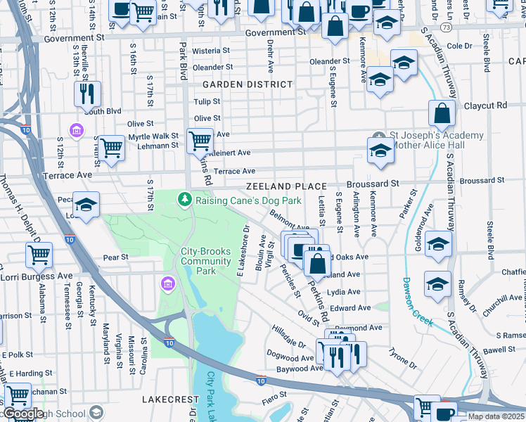 map of restaurants, bars, coffee shops, grocery stores, and more near 1656 Belmont Avenue in Baton Rouge