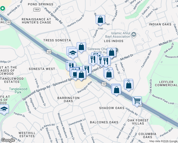 map of restaurants, bars, coffee shops, grocery stores, and more near 9800 McNeil Drive in Austin