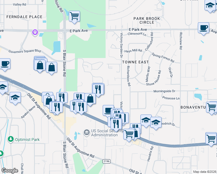 map of restaurants, bars, coffee shops, grocery stores, and more near 2335 Tina Drive in Tallahassee