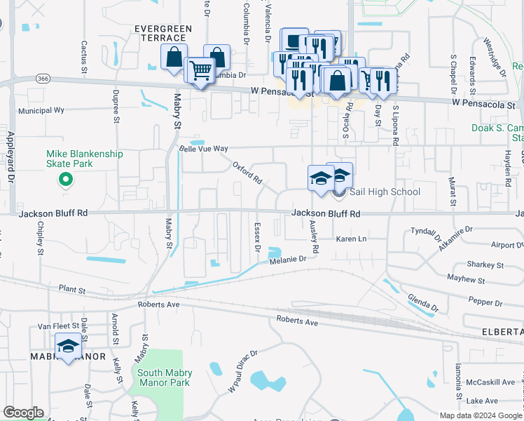 map of restaurants, bars, coffee shops, grocery stores, and more near Jackson Bluff Road in Tallahassee