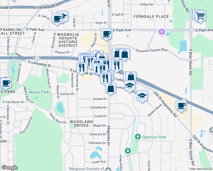 map of restaurants, bars, coffee shops, grocery stores, and more near 1010 South Magnolia Drive in Tallahassee