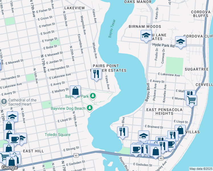 map of restaurants, bars, coffee shops, grocery stores, and more near 1718 Whaley Avenue in Pensacola