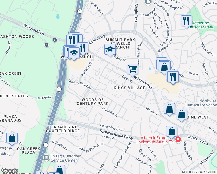 map of restaurants, bars, coffee shops, grocery stores, and more near 2509 Gardenia Drive in Austin