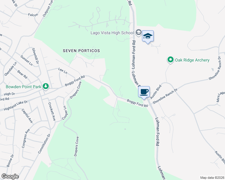 map of restaurants, bars, coffee shops, grocery stores, and more near 19708 Boggy Ford Road in Lago Vista
