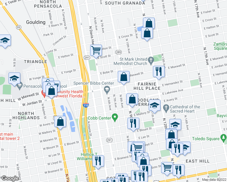 map of restaurants, bars, coffee shops, grocery stores, and more near 2012 North 7th Avenue in Pensacola