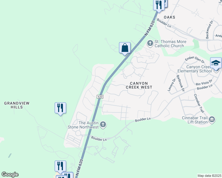 map of restaurants, bars, coffee shops, grocery stores, and more near 9501 Ranch Road 620 North in Austin