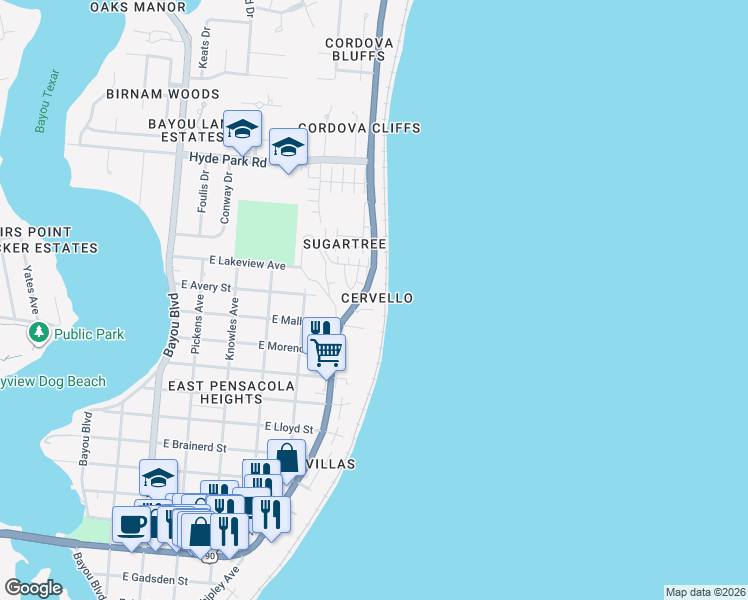 map of restaurants, bars, coffee shops, grocery stores, and more near 2050 Scenic Highway in Pensacola