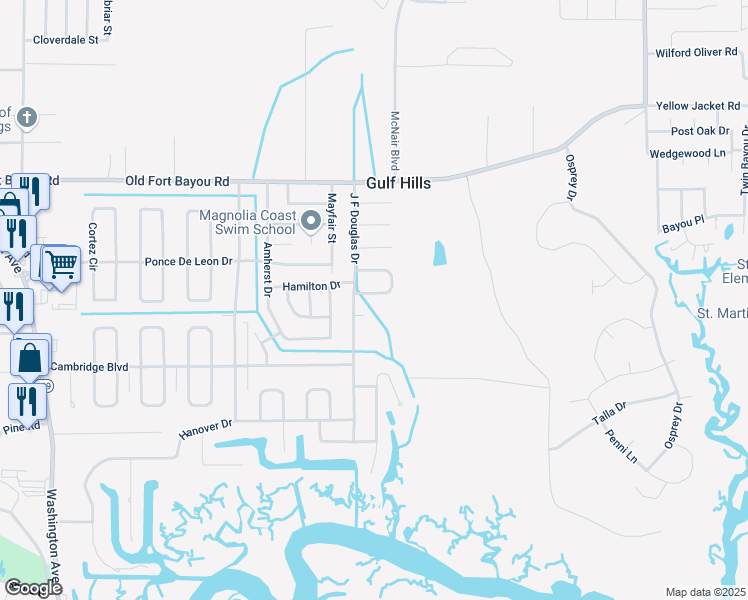 map of restaurants, bars, coffee shops, grocery stores, and more near 12304 Kipling Place in Ocean Springs