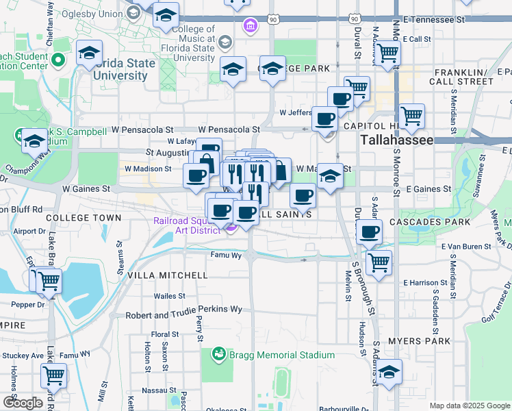 map of restaurants, bars, coffee shops, grocery stores, and more near 809 Railroad Avenue in Tallahassee