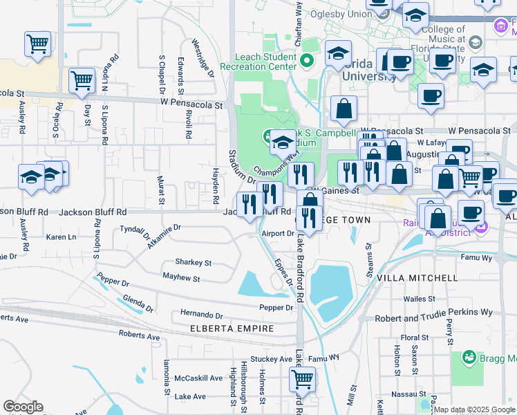 map of restaurants, bars, coffee shops, grocery stores, and more near 447 Indian Village Trail in Tallahassee