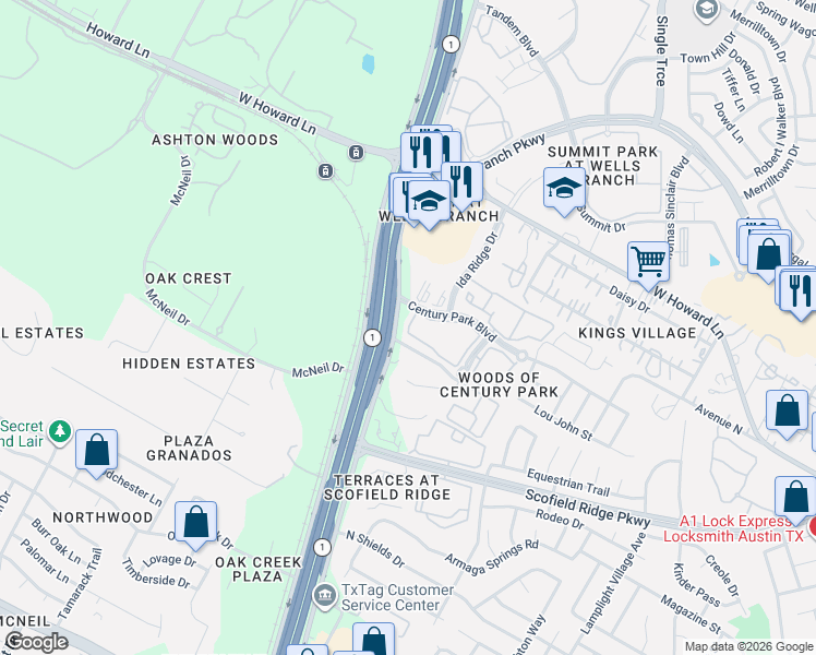 map of restaurants, bars, coffee shops, grocery stores, and more near 19 Century Park Boulevard in Austin