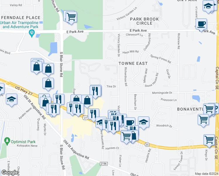 map of restaurants, bars, coffee shops, grocery stores, and more near 2310 Tina Drive in Tallahassee