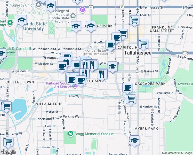 map of restaurants, bars, coffee shops, grocery stores, and more near 805 South Macomb Street in Tallahassee
