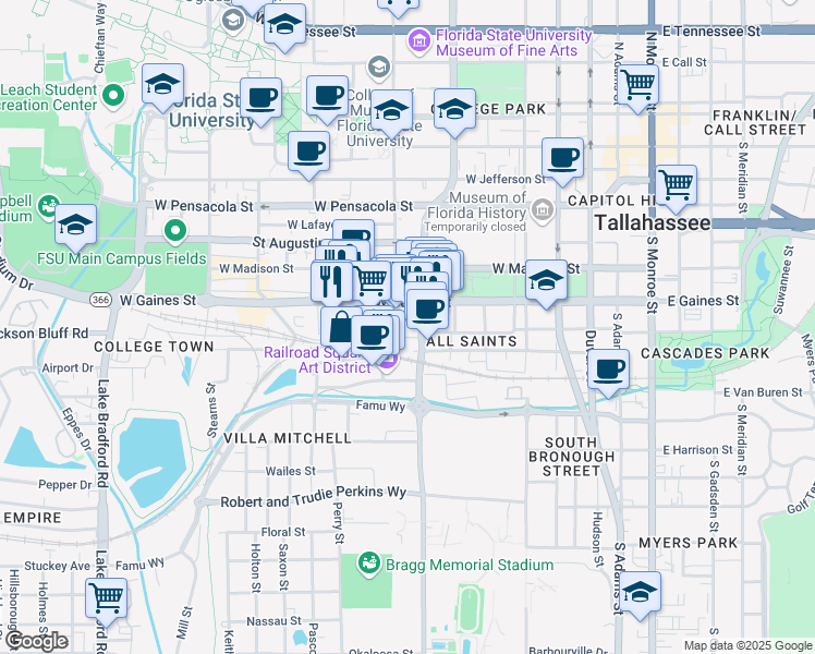 map of restaurants, bars, coffee shops, grocery stores, and more near 603 W Gaines St in Tallahassee